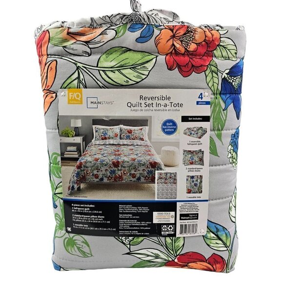 Mainstays Reversible Quilt Set In-a-Tote Full/Queen Grey Floral Bedding 4 PC Set - Picture 15 of 16